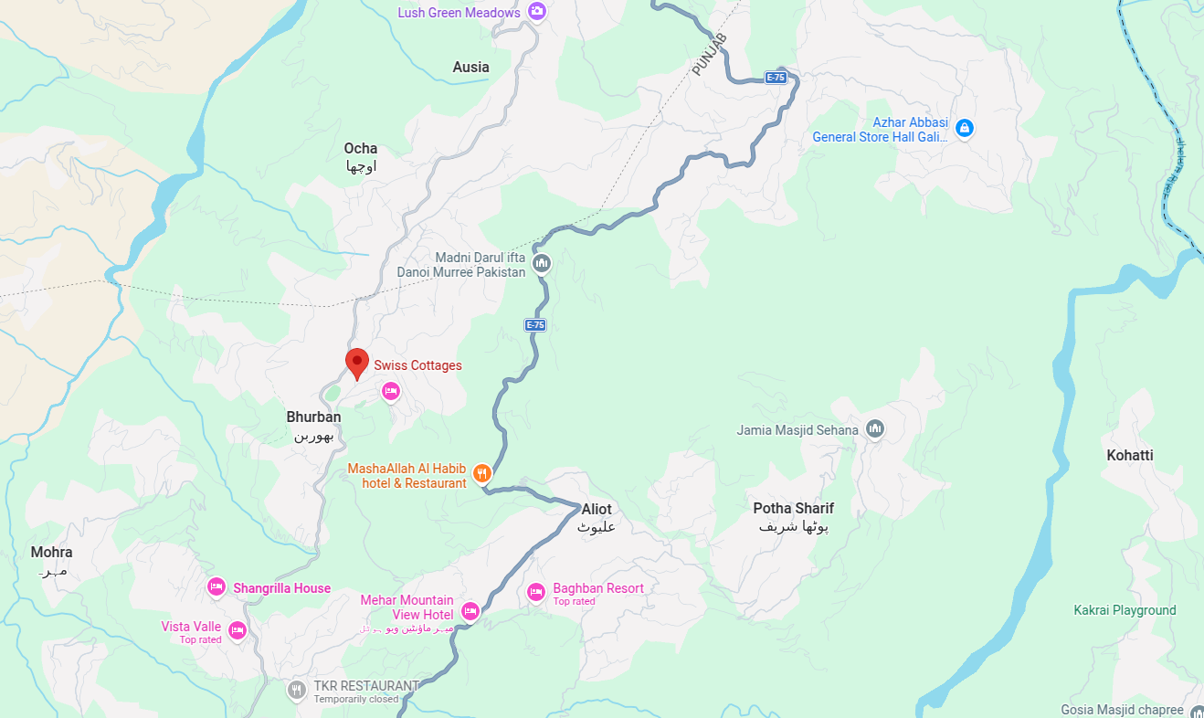 scenic aerial view of Murree hills showing winding roads, green valleys, and mountain peaks, with location markers for PC Bhurban and golf club